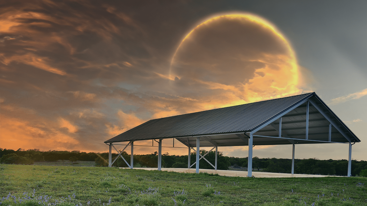 Traditions hall in a beautiful lawn with an sunset